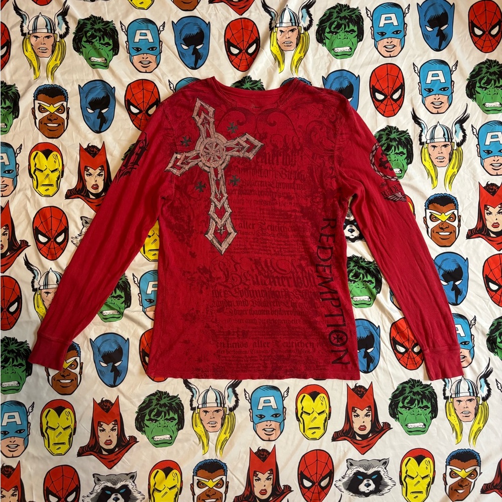 Y2K Raw State Premium Red Long Sleeve Gothic Shirt with Cross  Size Medium